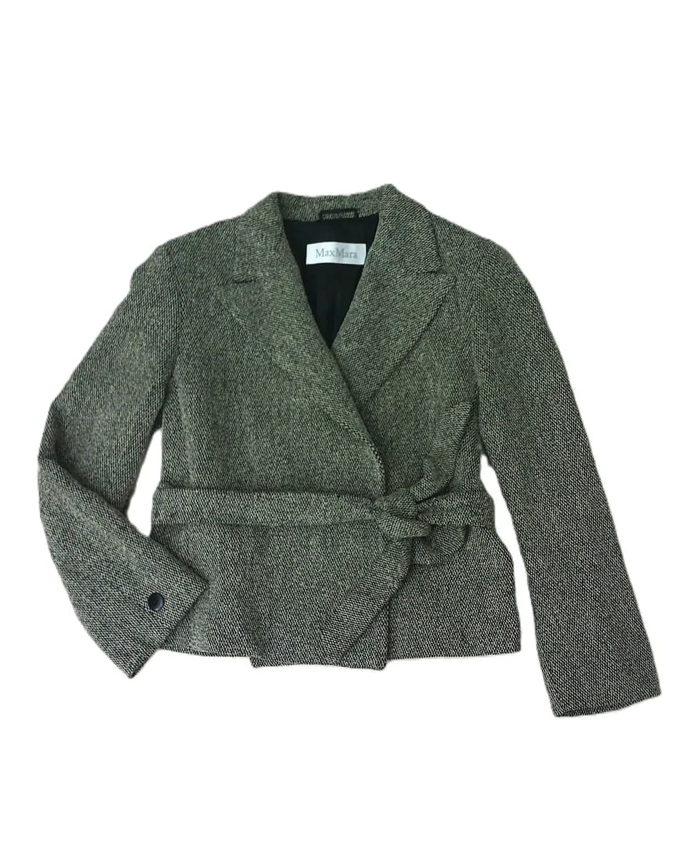 Max Mara Tweed Jacke Wolljacke mit Gürtel , Schwarz Ecru , Gr. 38 / M